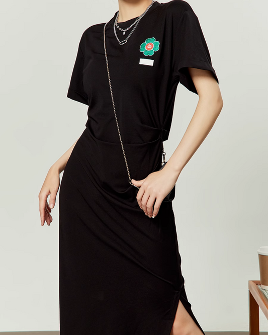 Black Short Sleeve Crew Neck Dress LLA0045